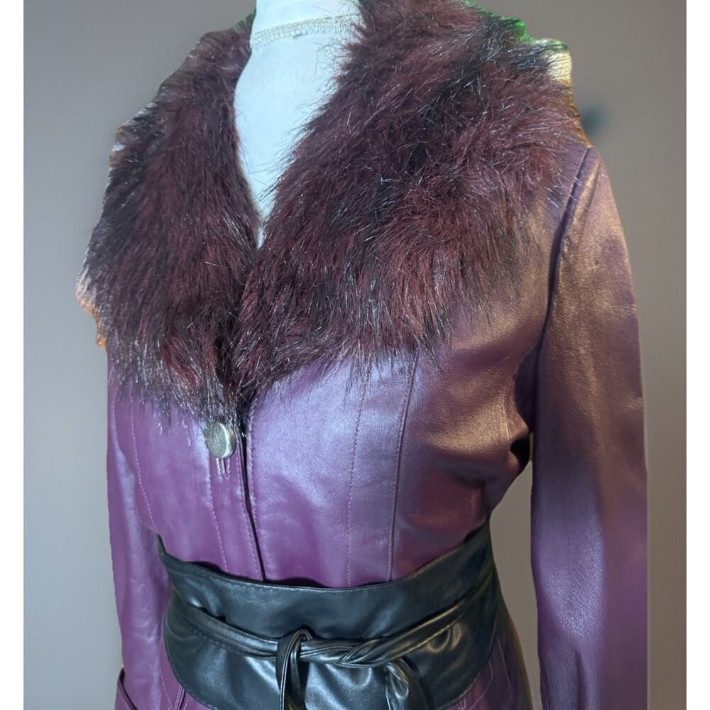 Vintage Plum Leather Jacket | Faux Fur Removable Collar | 90s Rich Aunt | Luxe